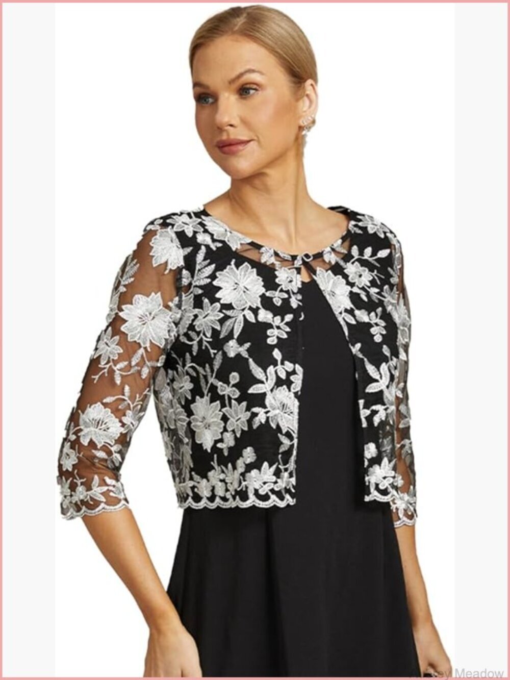 Sheer Lace Cardigan Bolero Shrug Floral Embroidered 3/4 Sleeve Lightweight